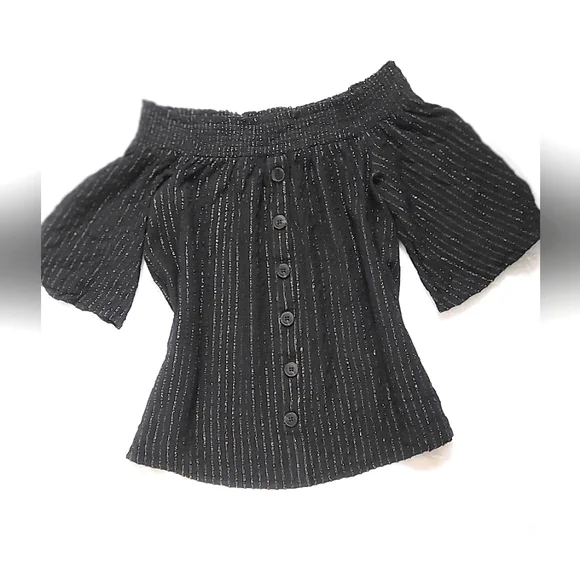 NWOT!Off The Shoulder Button Front Metallic Striped Women's Boho Chic Top Small - Picture 1 of 9